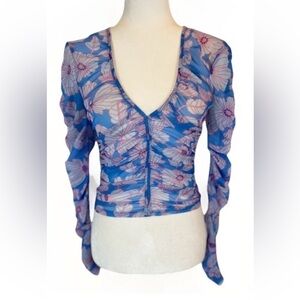 Zara Blue floral ruched Long Sleeve Tulle Sheer Floral Top Woman’s Size Small S
